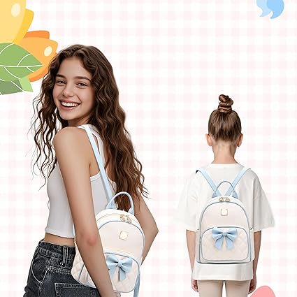 Women Quilted Leather Backpack Small Bowknot Mini Backpack Purse for Girls Personalized Trendy Stuff Gifts for Kids Blue