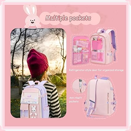 Bunny Backpack for Girls Cute Sequin Kids Backpack with Tuition Tote Bag