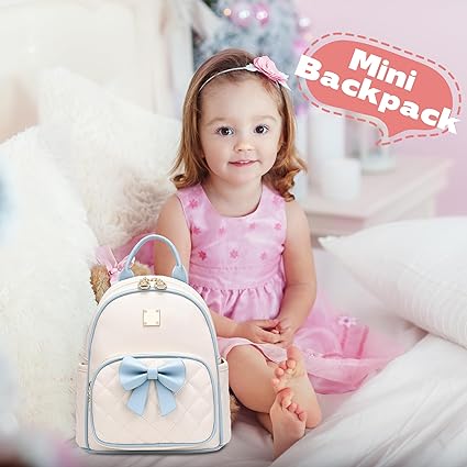 Women Quilted Leather Backpack Small Bowknot Mini Backpack Purse for Girls Personalized Trendy Stuff Gifts for Kids Blue