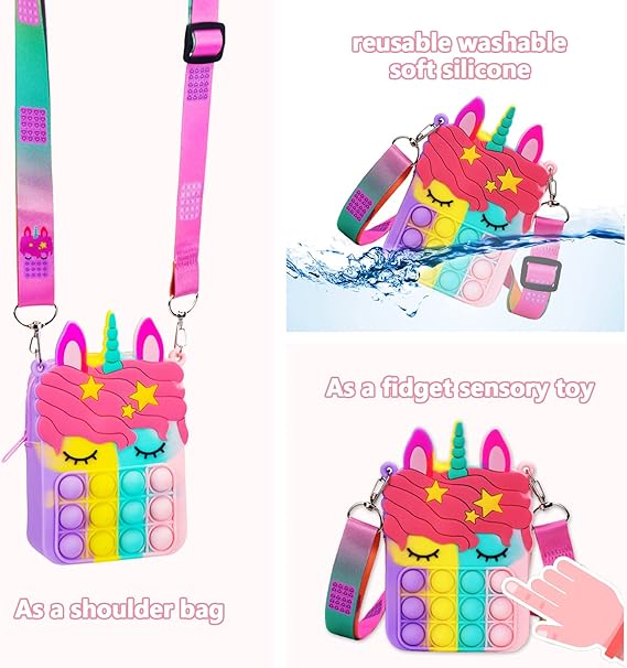 Unicorn Pop It Purse Fidget Toys for Girls, Silicone Cartoon Bag for Students Kids Pop Sensory Popper Toy for ADHD Anxiety, Unicorn Gifts Toys for Girls Birthday Present