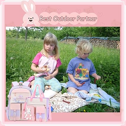 Bunny Backpack for Girls Cute Sequin Kids Backpack with Tuition Tote Bag