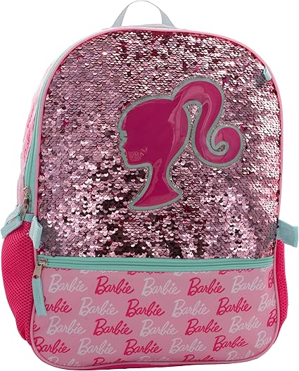 AI ACCESSORY Barbie 4 Piece Backpack Set, Sparkle & Shine with this Magic Flip Sequin School Bag for Girls with Zip Front Pocket, Pink
