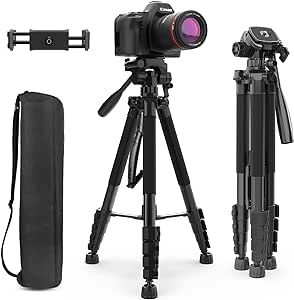 Aureday 74’’ Camera Tripod with Travel Bag,Cell Phone Tripod with Wireless Remote and Phone Holder, Compatible with DSLR Cameras,Cell Phones,Projector,Webcam,Spotting Scopes(Black)