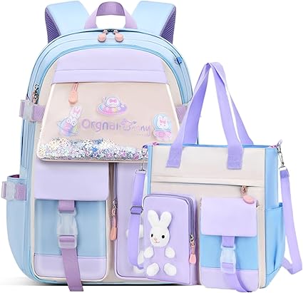 Bunny Backpack for Girls Cute Sequin Kids Backpack with Tuition Tote Bag