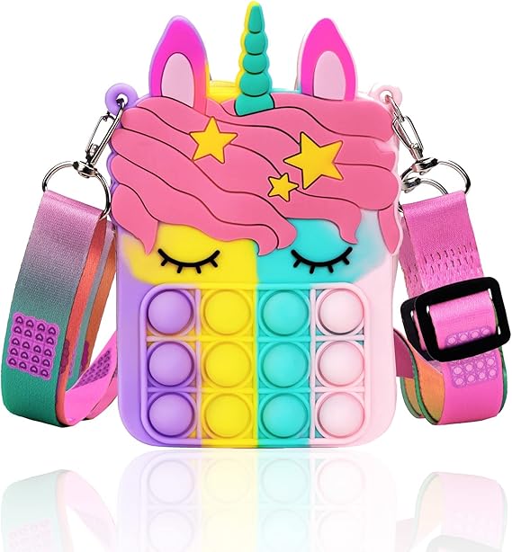 Unicorn Pop It Purse Fidget Toys for Girls, Silicone Cartoon Bag for Students Kids Pop Sensory Popper Toy for ADHD Anxiety, Unicorn Gifts Toys for Girls Birthday Present