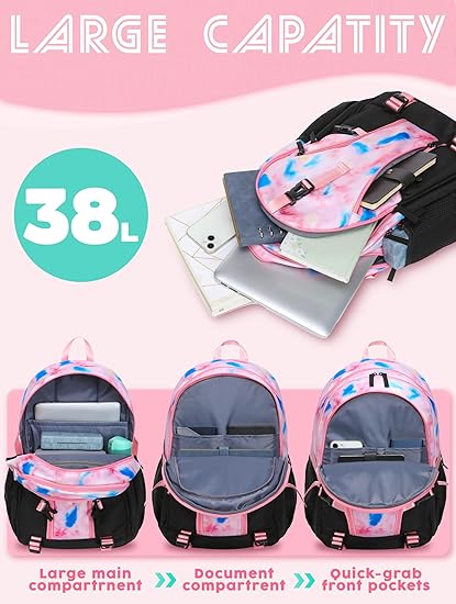 High School Backpack for Girls Middle School Bookbag Teens Back to School Bag for College with Large Compartment Mochilas para Niñas Adolescentes 18" Tie Dye Pink