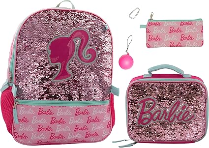 AI ACCESSORY Barbie 4 Piece Backpack Set, Sparkle & Shine with this Magic Flip Sequin School Bag for Girls with Zip Front Pocket, Pink