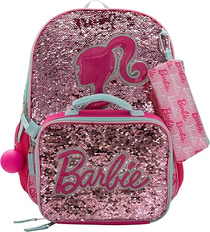 AI ACCESSORY Barbie 4 Piece Backpack Set, Sparkle & Shine with this Magic Flip Sequin School Bag for Girls with Zip Front Pocket, Pink